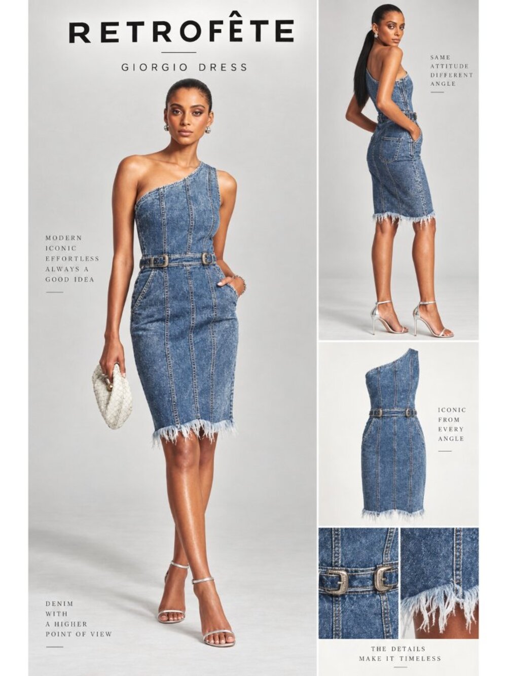 Retrofete Giorgio One Shoulder Belted Blue Denim Midi Dress Size S